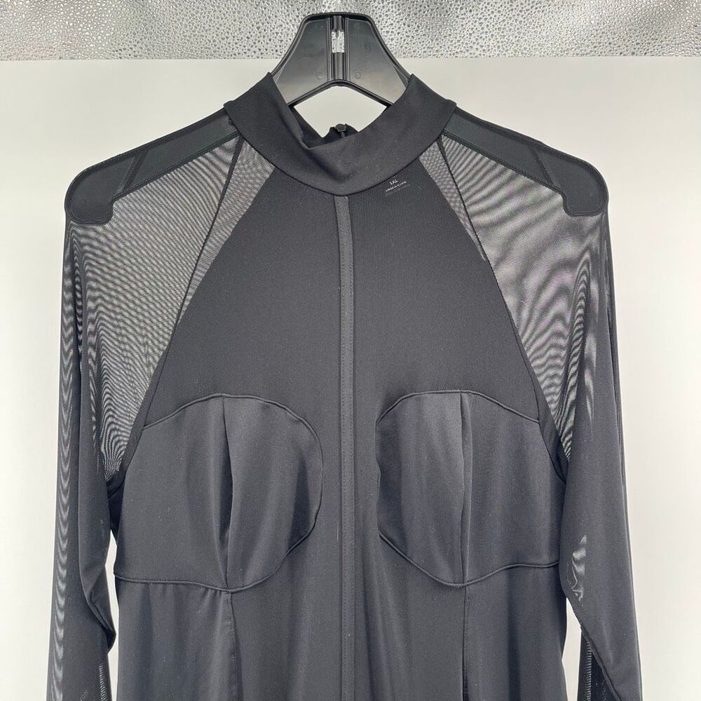 SHEIN Curve 1XL Black Mesh Panel Flare Jumpsuit Sheer Sleeve Statement Piece - Picture 3 of 15